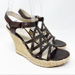 VIA SPIGA BROWN LEATHER STRAPPY RAFFIA WEDGE SANDALS WOMENS SZ 8